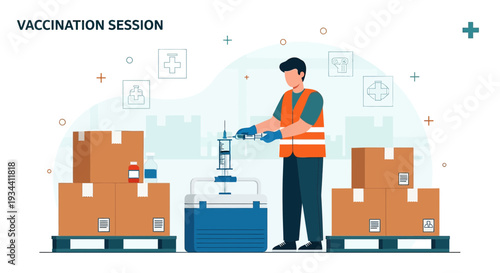 Healthcare worker preparing vaccine injection from cooler box, vaccination session concept