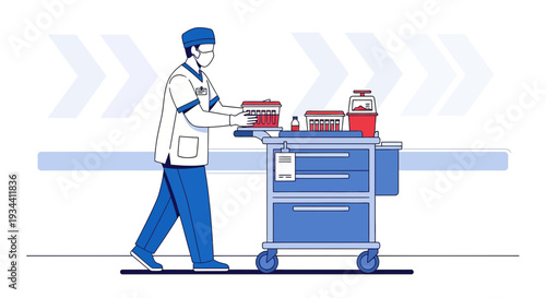 Healthcare worker pushing medical cart with supplies, cartoon illustration