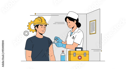 Healthcare worker vaccinates construction worker during health campaign