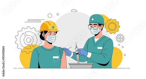 Healthcare worker vaccinates industrial worker, ensuring health and safety in the workplace.