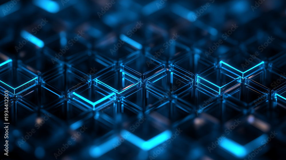 Obraz premium Blue glowing 3D grid pattern with neon lights and futuristic design.