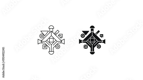 Two intricate geometric symbols featuring interconnected circular and angular elements