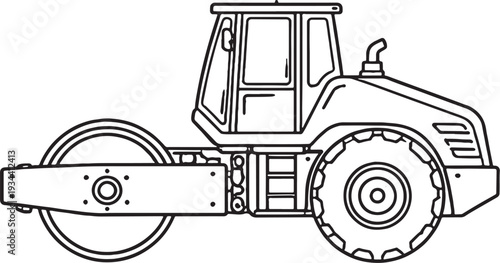 Road Roller Compactor Black and White Line Art Road Construction Engineering Equipment Vector