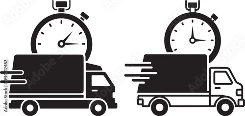 Fast delivery trucks with stopwatch icons, representing speed and time-sensitive logistics and shipping services.