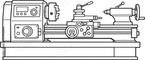 Industrial Lathe Machine Black and White Vector Illustration