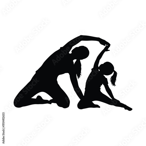 Mother and daughter practicing yoga together in graceful pose