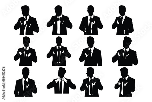 Black silhouettes of men in business suits tying their ties