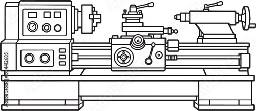 Industrial Lathe Machine Black and White Line Art Vector Illustration