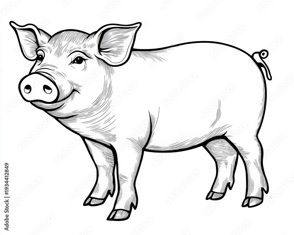 Fototapeta premium Charming Whimsical Pig Illustration with Cute Curling Tail in Black Line Cartoon Style Artwork