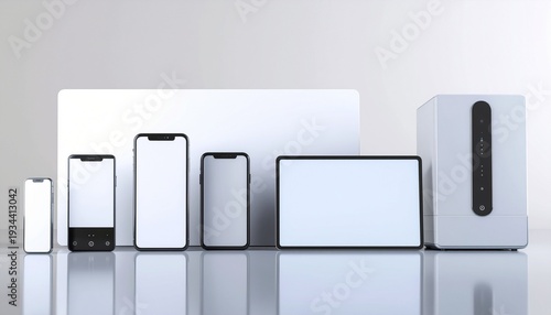 複数デバイスとIoT機器のミニマル3Dモックアップ（スマートホーム／連携の概念）