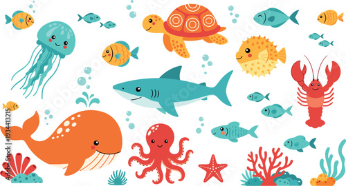 Colorful Underwater Sea Animals Collection with Shark, Whale, Turtle, Octopus and Tropical Fish Cartoon Vector Illustration Set