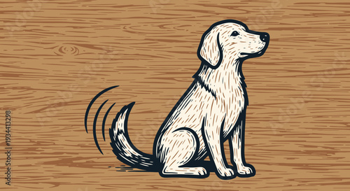 Charming illustration of a happy dog's wagging tail, a timeless expression of canine delight and loyalty on wood