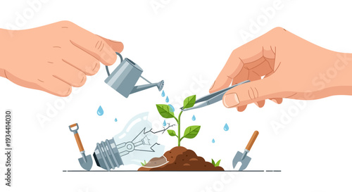 Cultivating Innovation: Hands Nurturing a Green Plant Growing from a Broken Light Bulb, Symbolizing New Ideas, Sustainable Business Growth and Development.