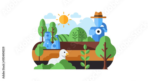 AI Powered Smart Farming: Robotic Agriculture in Harmony with Nature, Future Farm Technology Illustration