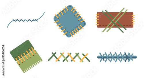 Diverse Sewing Stitches and Patches: Craft, Repair, and Decorative Flat Vector Set