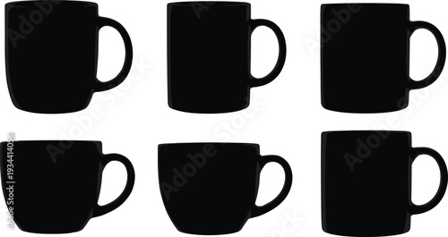 Set of black coffee mug silhouettes with various shapes and handles isolated on white background for kitchenware design, cafe branding, and ceramic drinkware mockups