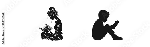 Children engrossed in reading and technology in modern silhouettes