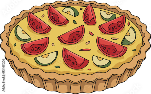 Digital illustration of quiche with tomato wedges and cucumber pieces in fluted golden crust.