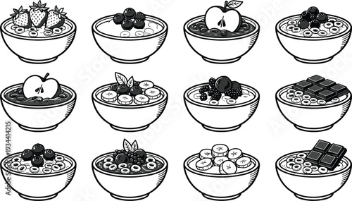 Set of hand drawn breakfast cereal bowls with healthy toppings including strawberries blueberries bananas apples and chocolate pieces in a minimalist black and white style