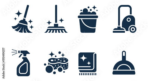 Cleaning tools blue icons set, vector illustrations of brooms, mops, brushes, buckets, spray bottles, sponges, and other household cleaning equipment, simple flat design isolated on white background.