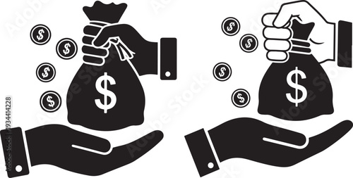 Vector illustration of hands holding money bags and coins, representing finance, wealth, and investment