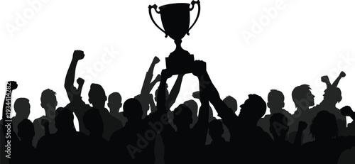 Silhouette of a cheering crowd of people celebrating a sports victory with a champion trophy cup held high against a white background background