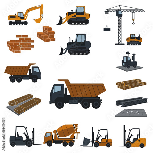 Construction Equipment and Materials Collection: Trucks, Excavators, Forklifts, Bricks, Steel