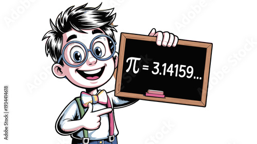 A smart boy presenting Pi number on the blackboard.