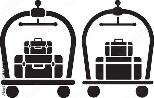 Black and white vector illustration of luggage carts filled with suitcases, representing travel, hotel service, and transport