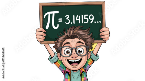 A young student holding a chalkboard showcasing the mathematical constant pi.