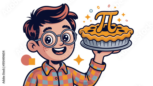 A young boy holding a pie with the Pi symbol on top.