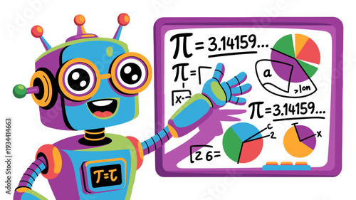 A clever robot teacher presents a whiteboard filled with mathematical formulas and charts.
