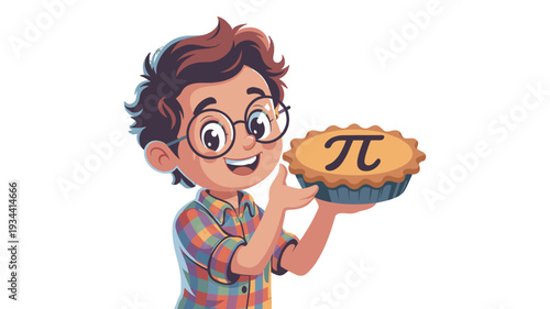 A young boy is holding a pie with the Pi symbol on it.