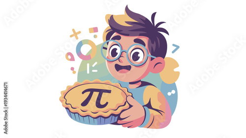 A young boy holding a pie with the pi symbol, surrounded by mathematical symbols.