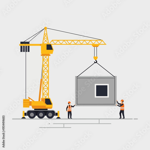 Construction crane lifting modular building section with workers overseeing