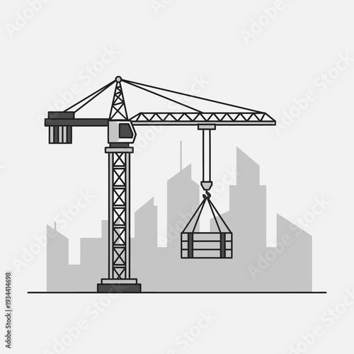 Construction Crane Lifting Load in Cityscape Silhouette