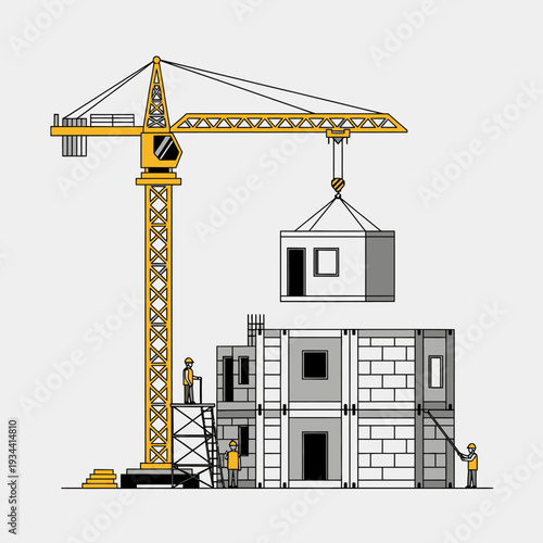 Construction crane lifting modular building unit onto unfinished house