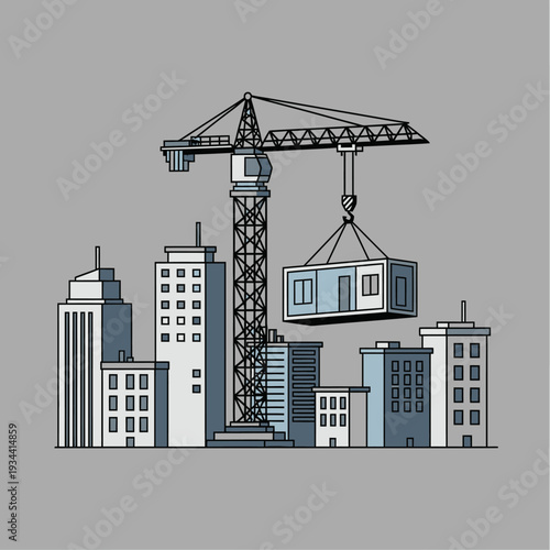 Construction crane lifting modular building unit over city skyline
