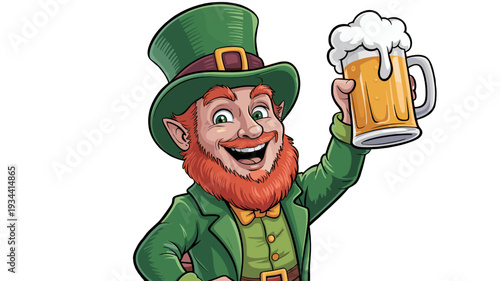 A cheerful leprechaun is smiling and holding up a beer mug.
