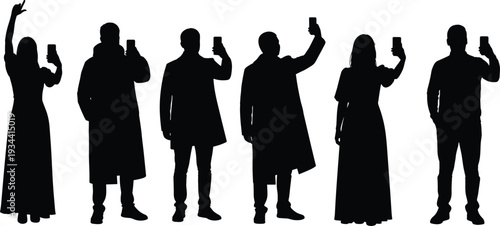 People holding smartphones taking selfie silhouette collection social media users vector illustration set
