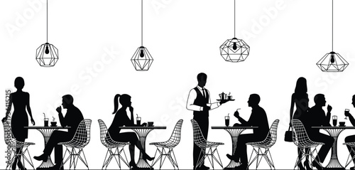 Restaurant cafe interior with people dining waiter serving silhouette vector illustration isolated