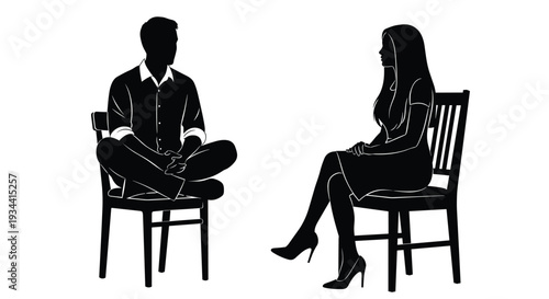 Black silhouette of man and woman sitting on chairs, job interview concept, formal conversation, couple talking, vector illustration, white background,