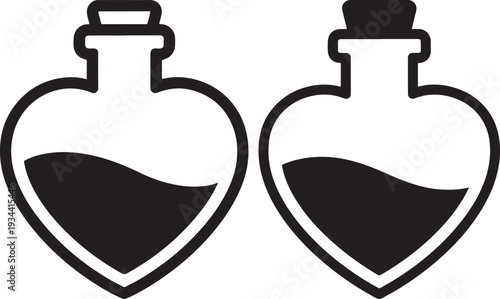 Two heart-shaped potion bottles, one with dark liquid and cork, the other open. Perfect for magic, fantasy, love potions, or Halloween themes.