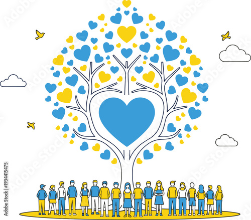 Community heart tree vector illustration unity love people together social support concept isolated design