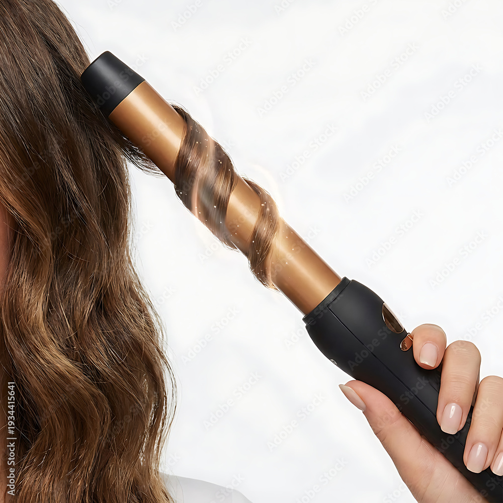 Naklejka premium Woman curling hair with automatic hair curler in close-up view 