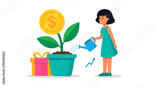Hand Drawn Monoline Woman Nurturing Financial Growth Plant with Gift Package and Upward Chart Business Savings Vector
