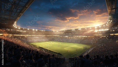 Illuminated Football Stadium at Dusk with Dramatic Sky and Crowd.