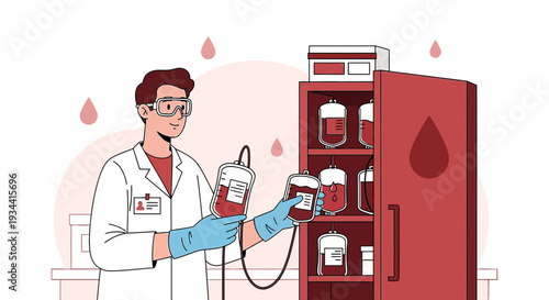 Medical Professional Holding Blood Bags in Laboratory with Storage Unit
