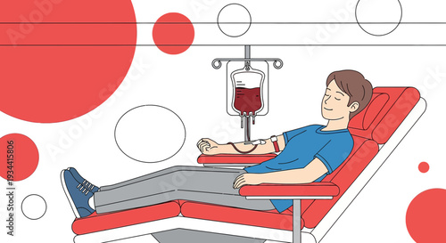 Man Donating Blood in a Medical Chair, Blood Bag Infusion