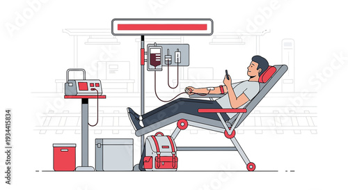 Man Donating Blood in a Modern Clinic, Medical Equipment, Healthy Lifestyle